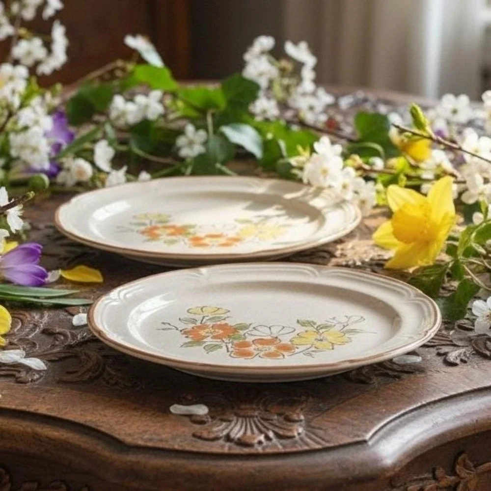 Hearthside Spring Garden Baroque Salad Plates, Set of 2 Vintage Floral Stoneware